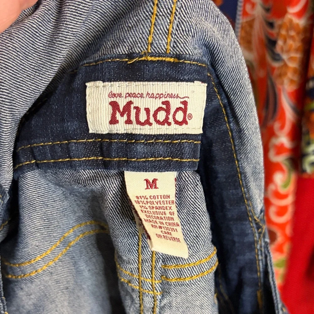 Mudd Dark Blue Denim Overall Shorts Floral Pockets Medium - Picture 9 of 9